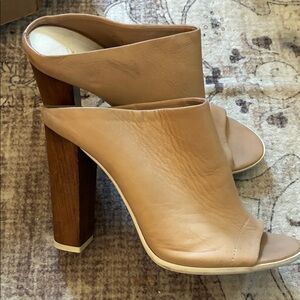 Vince Tan Leather Mules with Wooden Heel